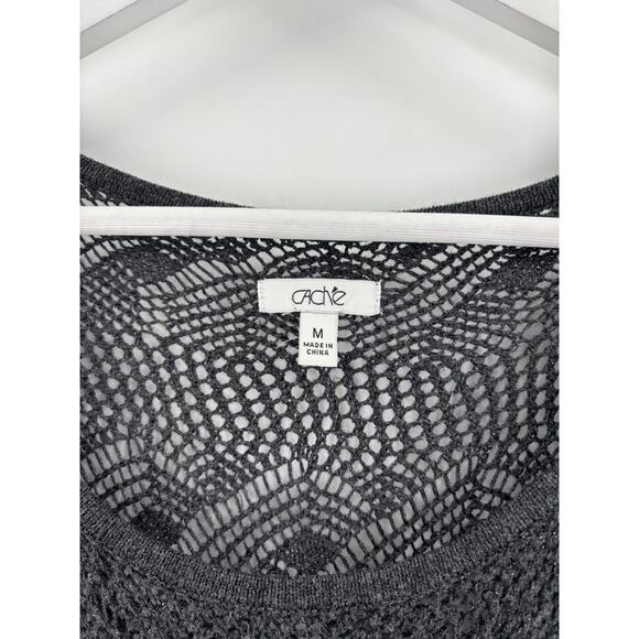 Cache Sweater Top Womens Medium Gray Crochet Knit Short Sleeves Metallic Scoop - Picture 4 of 14